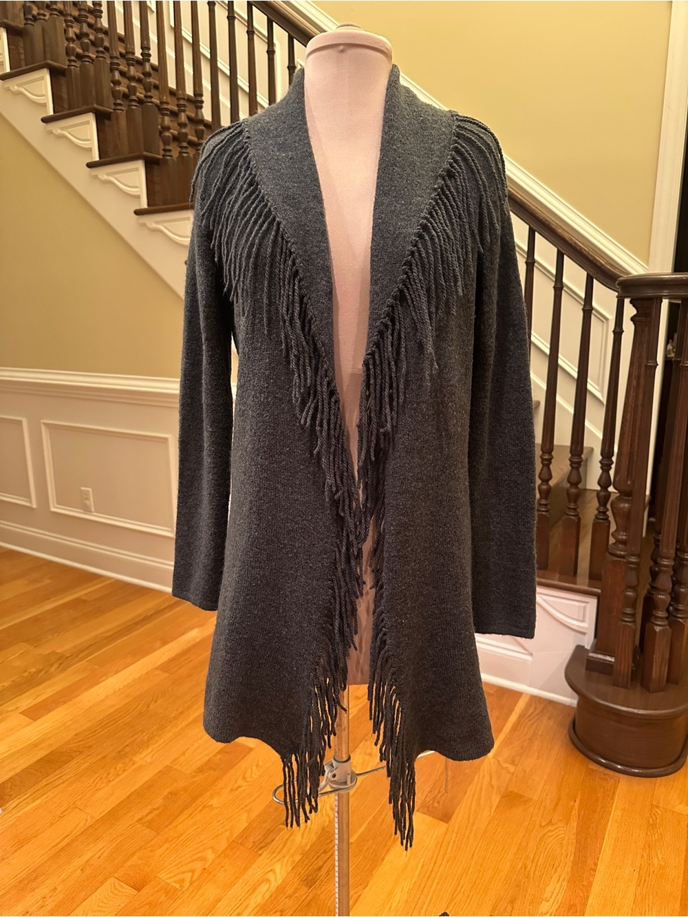 Fringe Wool Blend Charcoal Cardigan by Susan Bristol Vintage - Size M